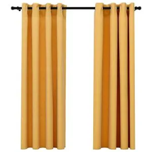 Draperii opace aspect in, cu ocheți, 2 buc., galben, 140×175 cm