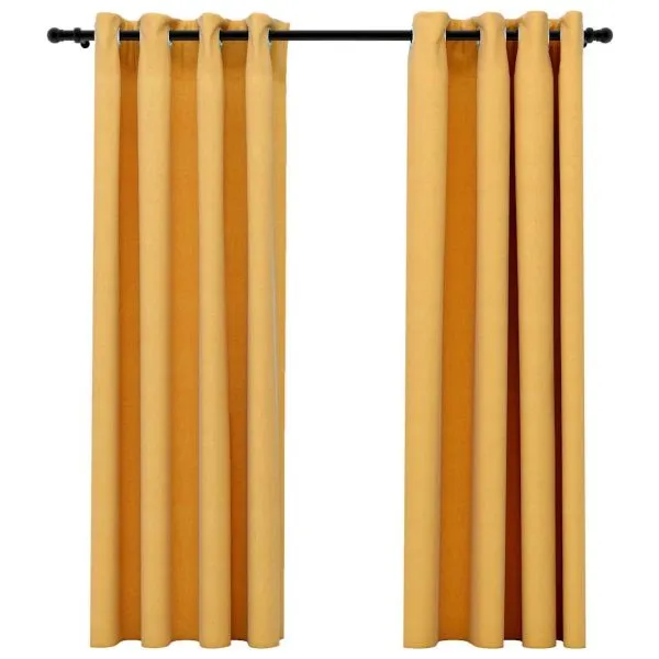 Draperii opace aspect in, cu ocheți, 2 buc., galben, 140×175 cm