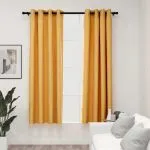 Draperii opace aspect in, cu ocheți, 2 buc., galben, 140×175 cm