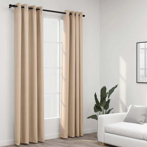 Draperii opace aspect in, cu ocheți, 2 buc., bej, 140 x 225 cm