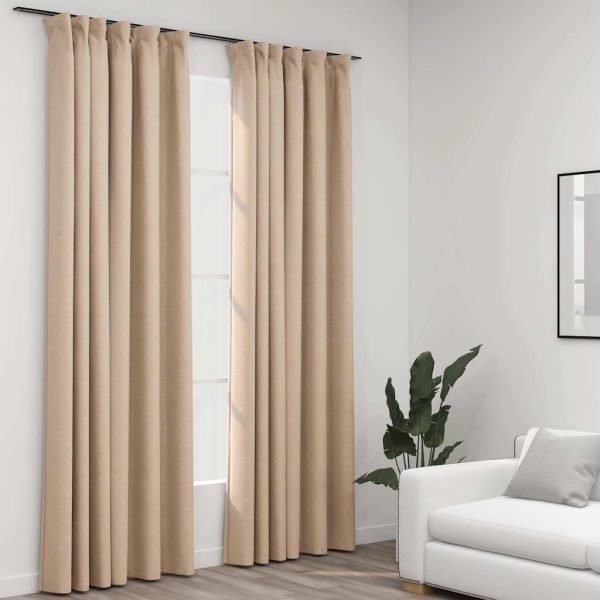 Draperii opace aspect in, cu cârlige, 2 buc. bej, 140 x 245 cm