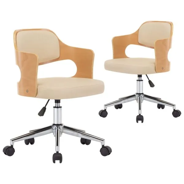 Scaune pivotante de masă, 2 buc., crem, lemn curbat & piele eco