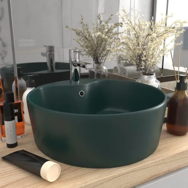 Chiuvetă de lux cu preaplin verde închis mat 36×13 cm ceramică