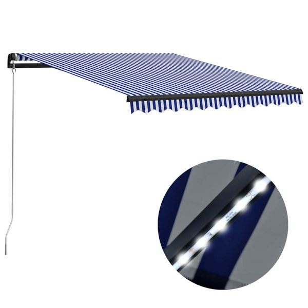 Copertină retractabilă manual cu LED, albastru/alb, 350×250 cm
