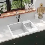 Chiuvetă de bucătărie dublă cu orificiu de preaplin alb granit