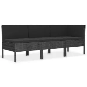 Set mobilier de grădină cu perne, 3 piese, negru, poliratan