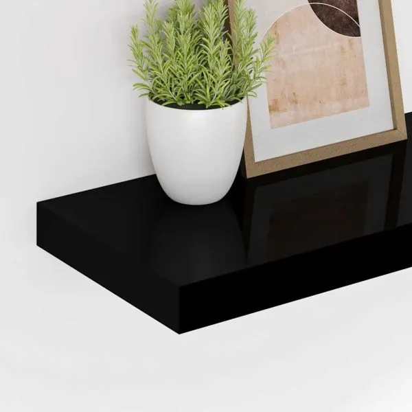 Raft de perete suspendat negru extralucios, 80×23,5×3,8 cm, MDF