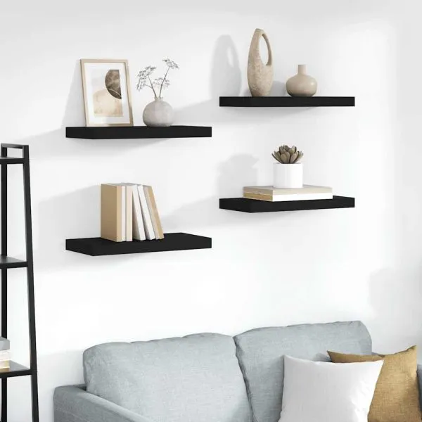 Rafturi de perete suspendate, 4 buc., negru, 50x23x3,8 cm, MDF