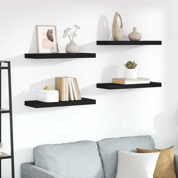 Rafturi de perete, 4 buc., negru, 60 x 23,5 x 3,8 cm, MDF