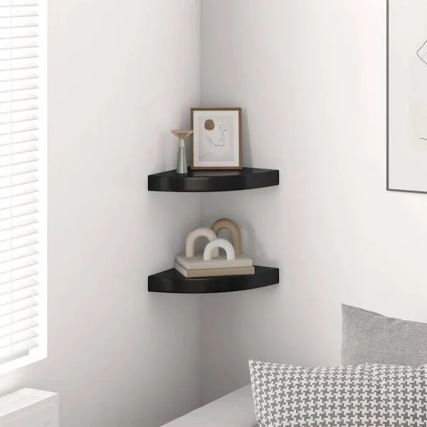 Rafturi colț perete, 2 buc., negru extralucios 25x25x3,8 cm MDF