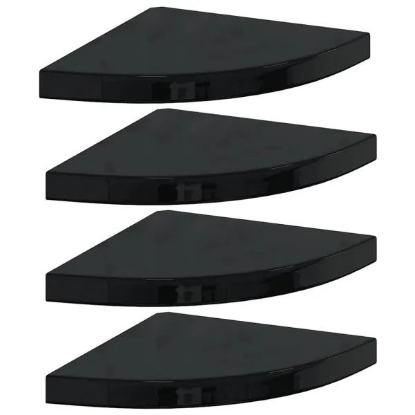Rafturi colț perete 4 buc, negru extralucios, 35x35x3,8 cm, MDF