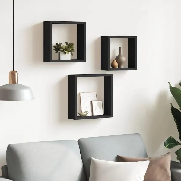 Rafturi cub de perete, 3 buc., negru, MDF