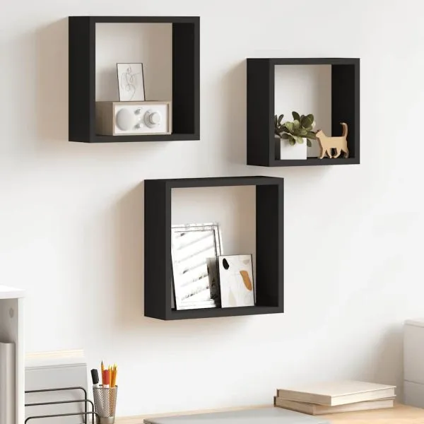 Rafturi cub de perete, 3 buc., negru, MDF