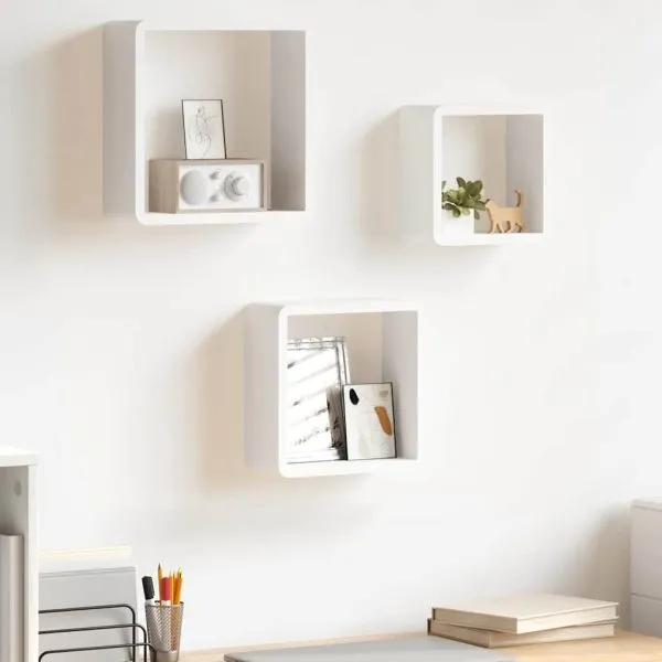 Rafturi de perete cub, 3 buc., alb, MDF