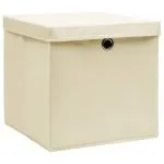 Cutii depozitare cu capace, 10 buc., crem, 28x28x28 cm