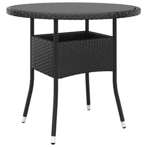 Masă de grădină, negru, Ø80×75 cm, sticlă securizată/poliratan