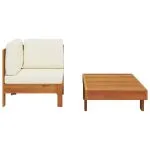 Set mobilier grădină perne alb/crem, 2 piese, lemn masiv acacia