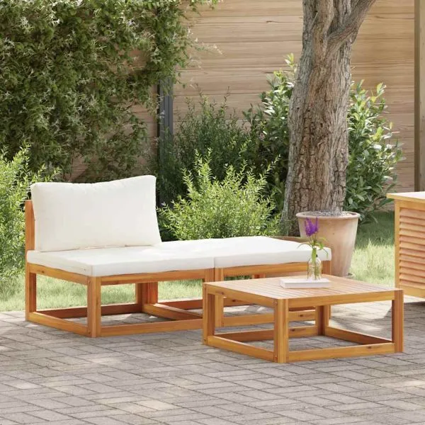 Set mobilier de grădină, 3 piese, perne crem, lemn masiv acacia