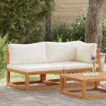 Set canapea 2 piese cu perne alb crem, lemn masiv de acacia