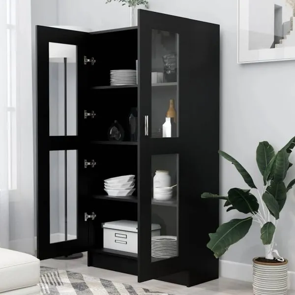 Dulap cu vitrină, negru, 82,5×30,5×150 cm, lemn prelucrat