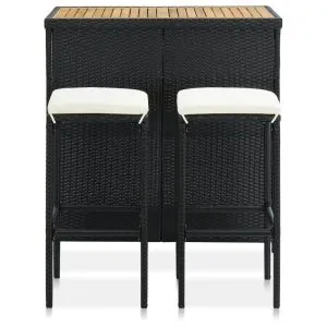 Set mobilier de bar, 3 piese, negru, poliratan