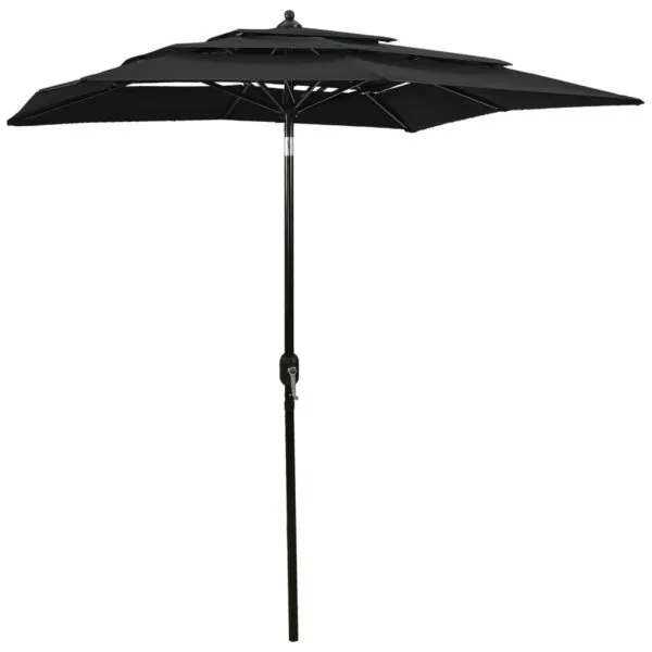 Umbrelă de grădină cu 3 niveluri, stâlp aluminiu, negru, 2×2 m