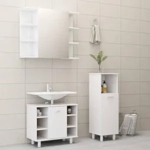 Set mobilier de baie, 3 piese, alb extralucios, lemn prelucrat