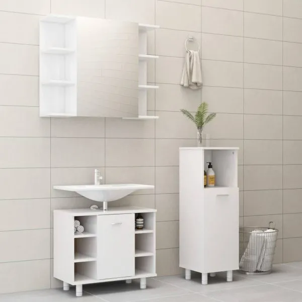 Set mobilier de baie, 3 piese, alb extralucios, lemn prelucrat