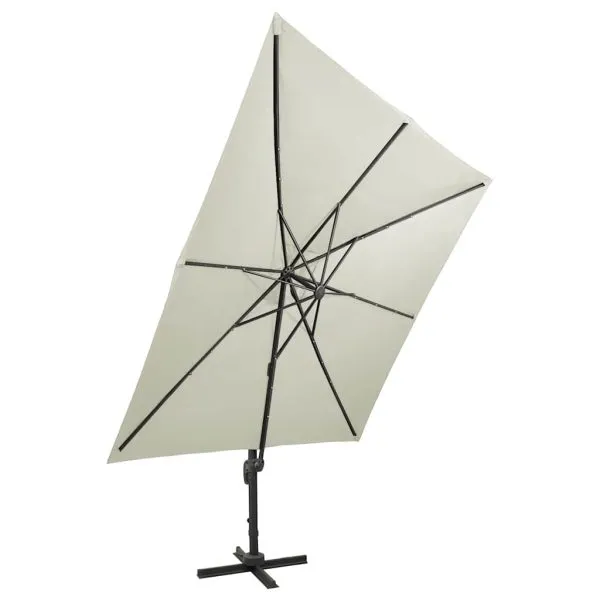 Umbrelă în consolă cu stâlp și LED-uri, nisipiu, 300 cm