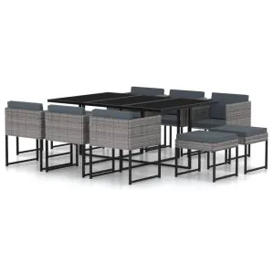 Set mobilier de grădină cu perne, 11 piese, gri, poliratan