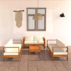 Set mobilier grădină perne alb/crem, 8 piese, lemn masiv acacia
