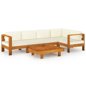 Set mobilier grădină perne alb/crem, 6 piese, lemn masiv acacia