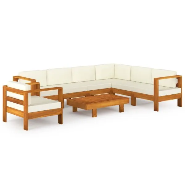 Set mobilier grădină perne alb/crem, 8 piese, lemn masiv acacia