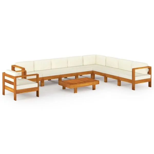 Set mobilier grădină perne alb crem, 10 piese lemn masiv acacia