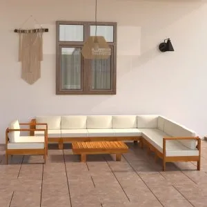 Set mobilier grădină perne alb crem, 10 piese lemn masiv acacia