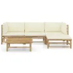 Set mobilier de grădină cu perne alb crem, 5 piese, bambus