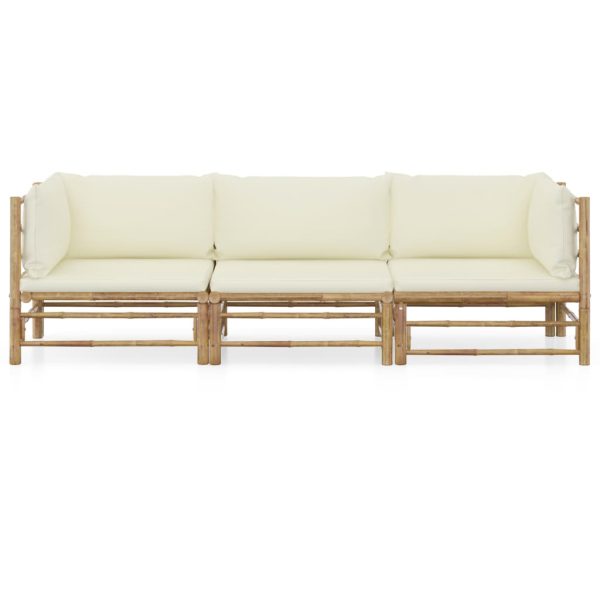 Set mobilier de grădină, cu perne alb crem, 3 piese, bambus