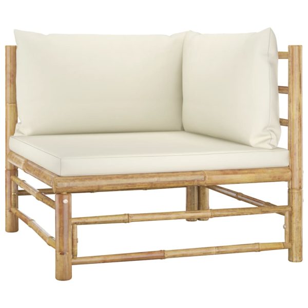 Set mobilier de grădină, cu perne alb crem, 3 piese, bambus