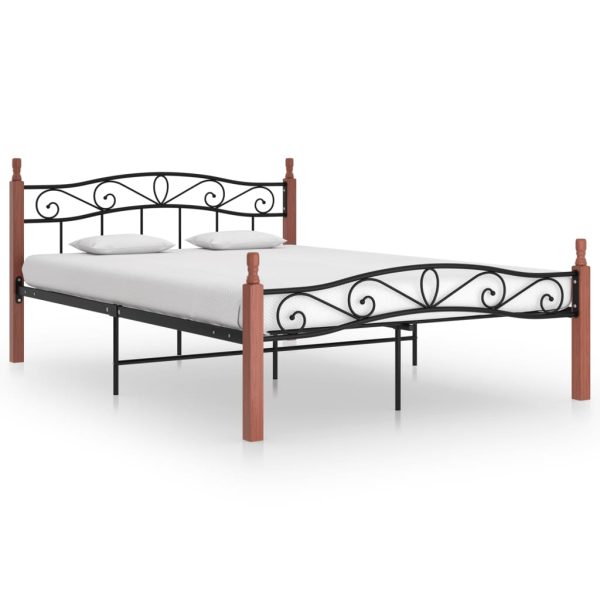 Cadru de pat, negru, 140×200 cm, metal și lemn masiv de stejar