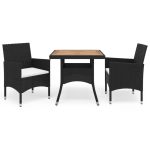 Set mobilier grădină, 3 piese, negru, poliratan și lemn acacia
