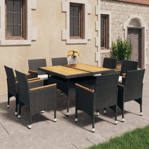 Set mobilier grădină, 9 piese, negru, poliratan și lemn acacia