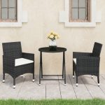 Set mobilier bistro grădină 3 piese, negru, poliratan și sticlă