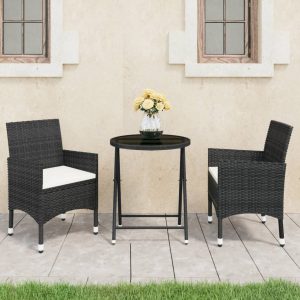 Set mobilier bistro grădină 3 piese, negru, poliratan și sticlă