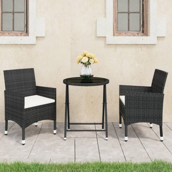 Set mobilier bistro grădină 3 piese, negru, poliratan și sticlă