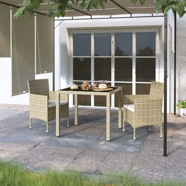 Set mobilier bistro, 3 piese, bej, poliratan/sticlă securizată