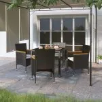 Set mobilier grădină, 5 piese, negru, poliratan/sticlă tratată