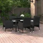 Set mobilier grădină, 5 piese, negru, poliratan/sticlă tratată