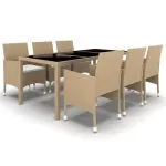 Set mobilier grădină, 7 piese, bej, poliratan/sticlă securizată