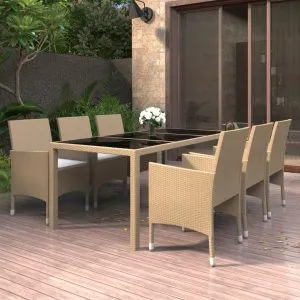 Set mobilier grădină, 7 piese, bej, poliratan/sticlă securizată