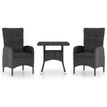 Set mobilier grădină, 3 piese, negru, poliratan și sticlă